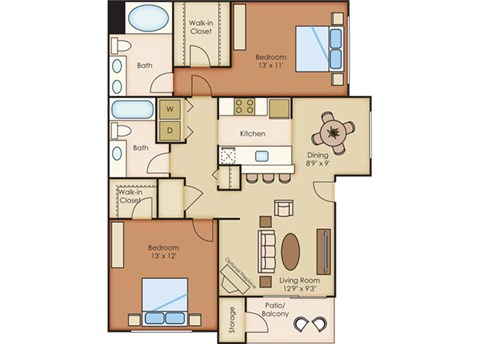 Floor plan for 2 beds, 2 baths, 1008 sqft