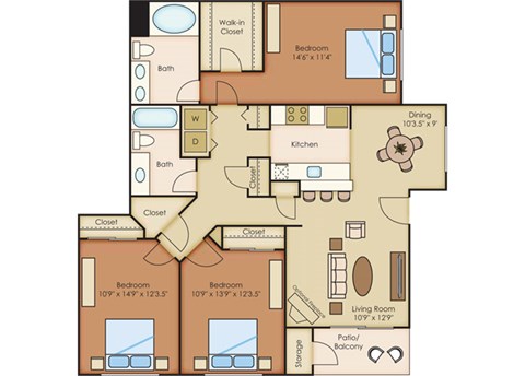 Floor plan for 3 beds, 2 baths, 1260 sqft