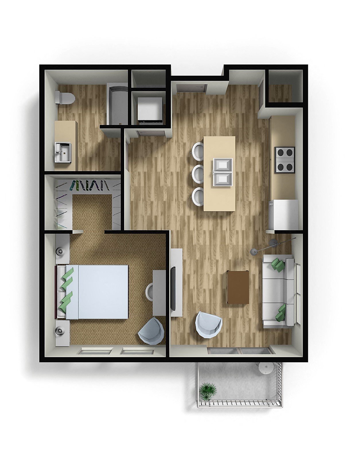 Floor plan for 1 bed, 1 bath, 637 sqft