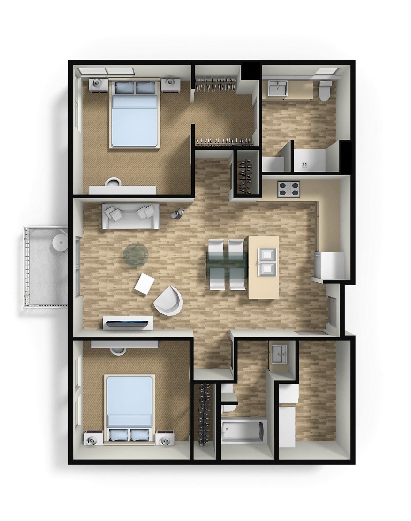 Floor plan for 2 beds, 2 baths, 944 sqft