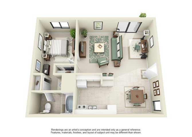 Floor plan for 1 bed, 1 bath, 608 sqft