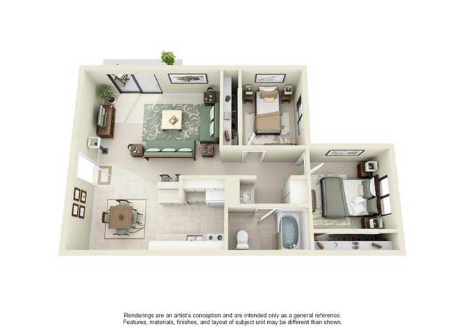 Floor plan for 2 beds, 1 bath, 788 sqft