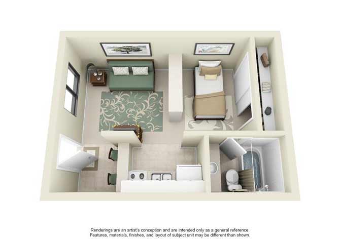 Floor plan for studio, 1 bath, 393 sqft