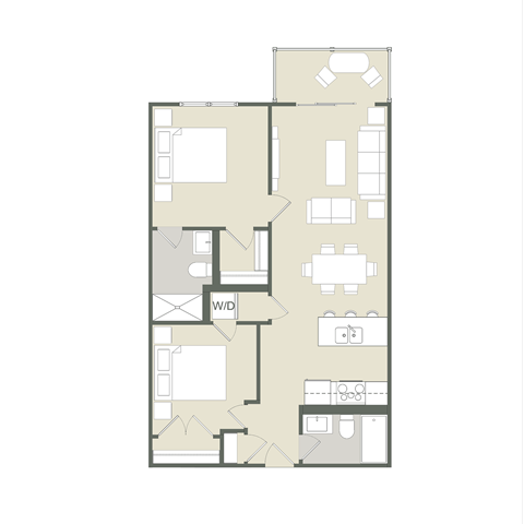 Floor plan for 1 bed, 2 baths, 861 sqft