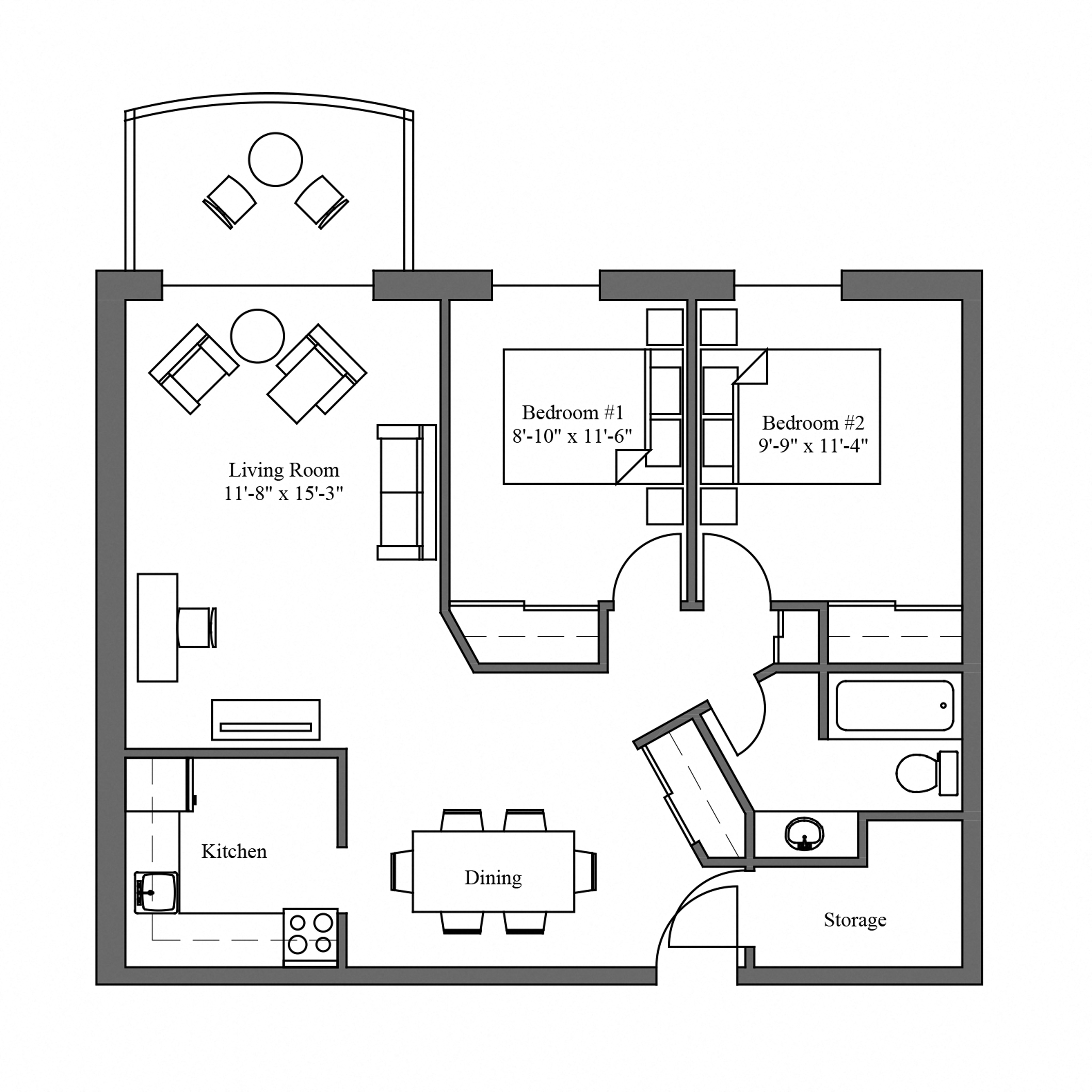 Floor plan for 2 beds, 1 bath, 775 sqft