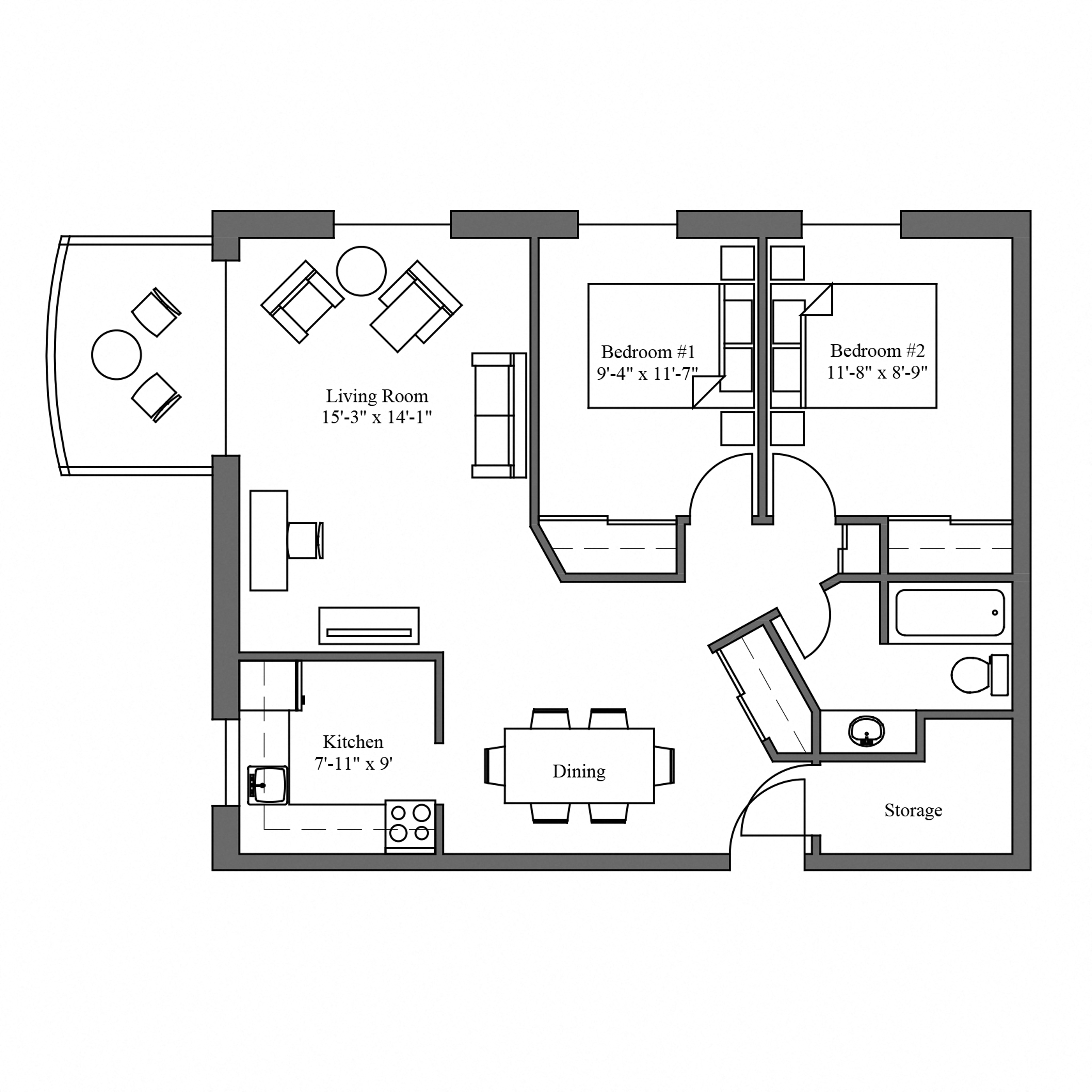 Floor plan for 2 beds, 1 bath, 775 sqft