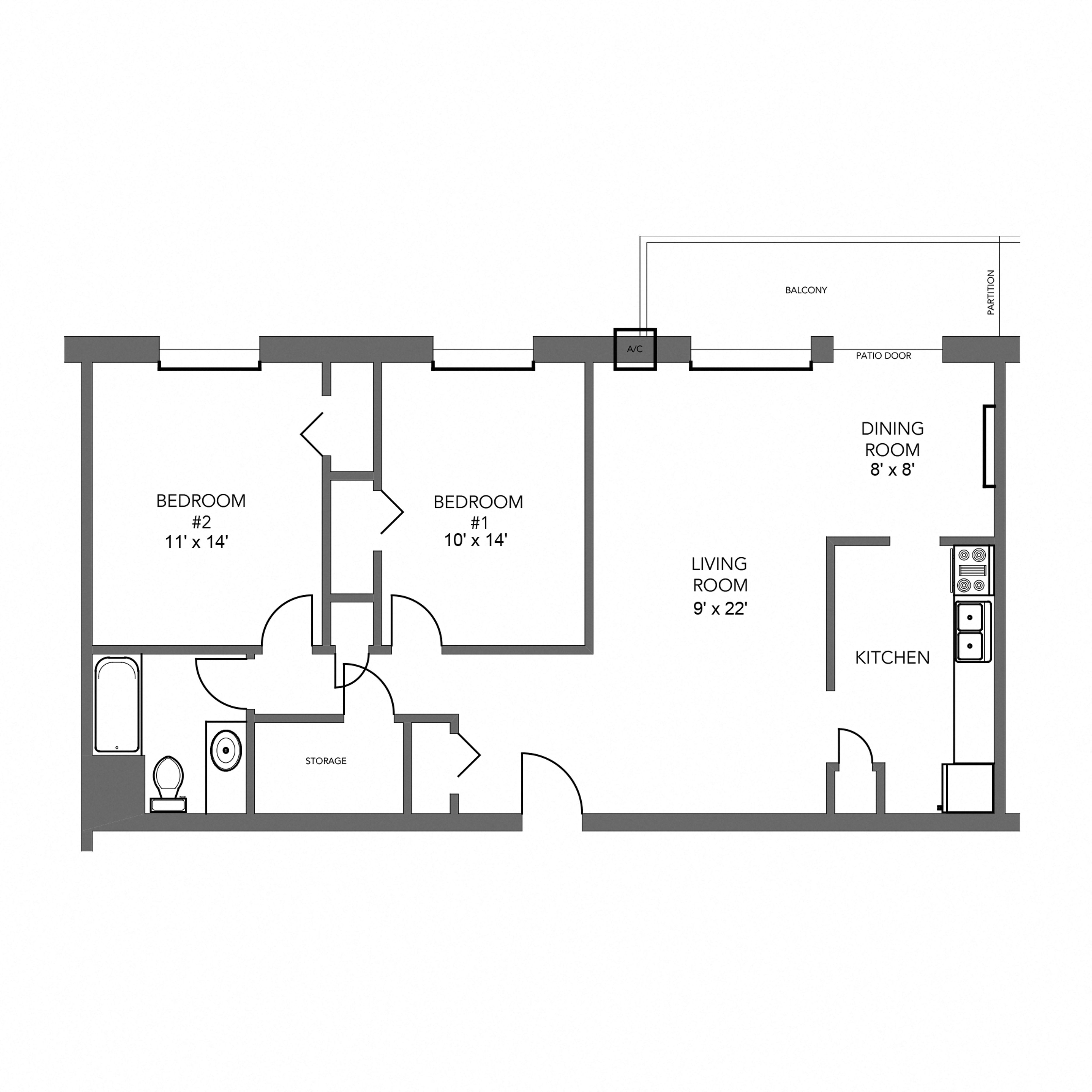 Floor plan for 2 beds, 1 bath, 1075 sqft