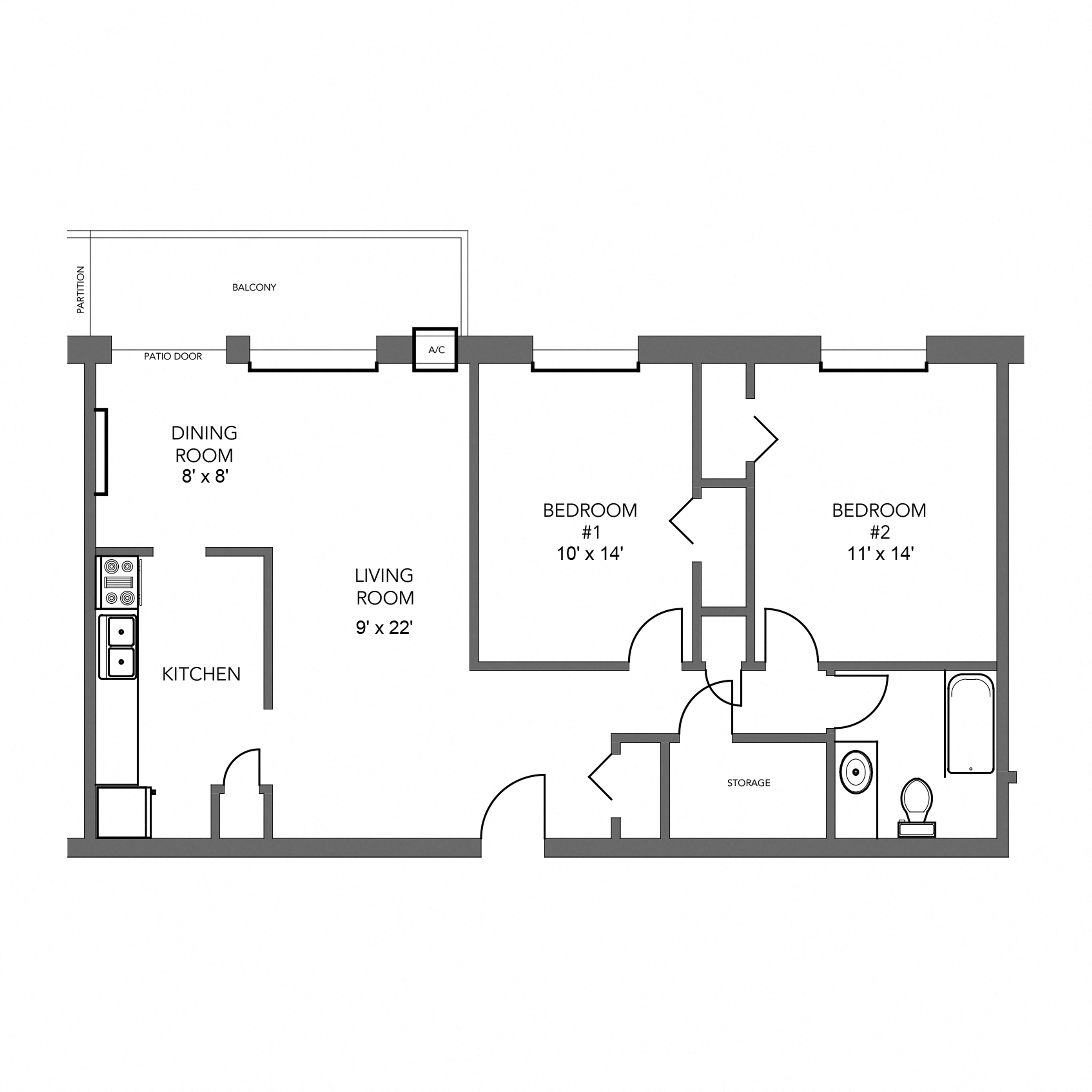 Floor plan for 2 beds, 1 bath, 1020 sqft