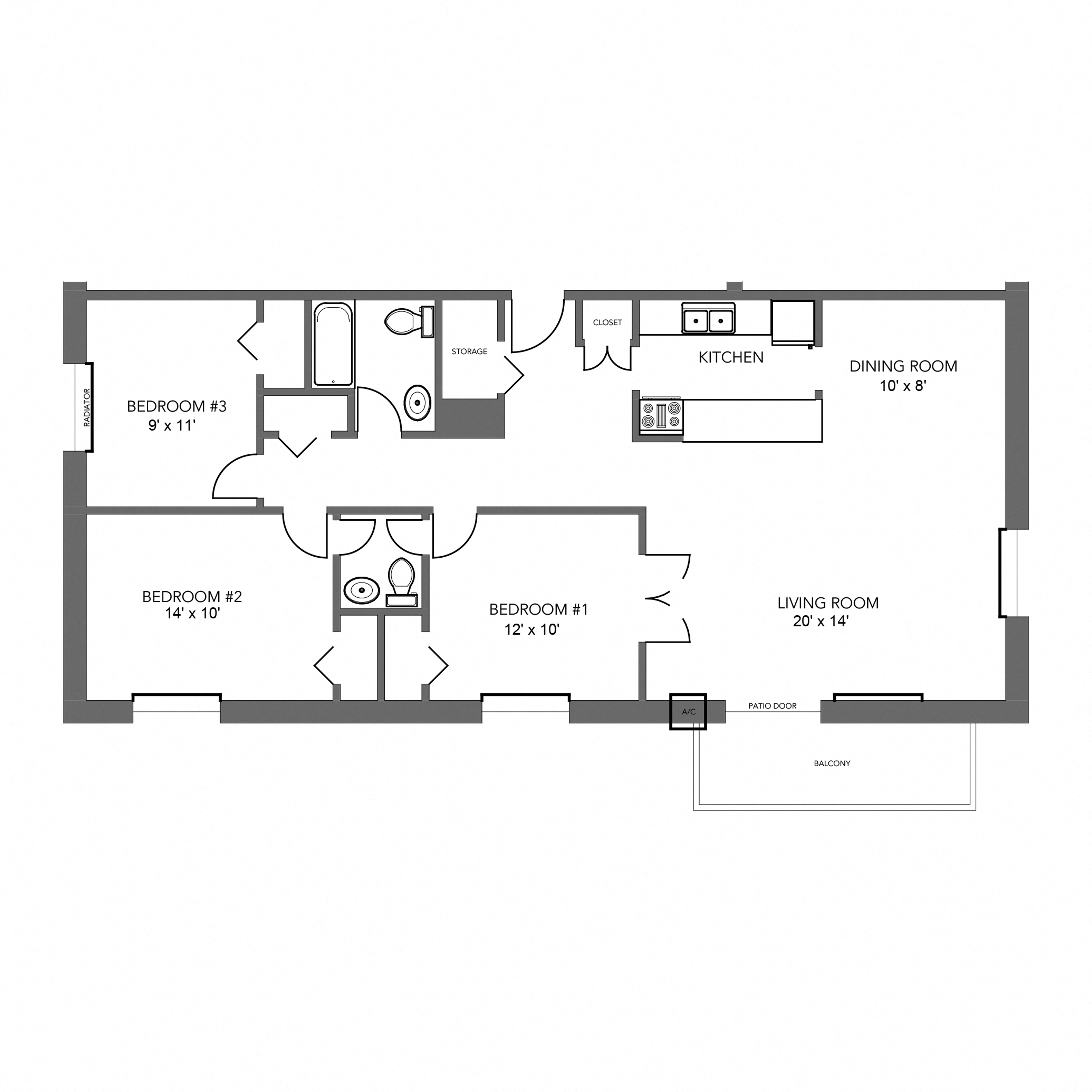 Floor plan for 3 beds, 1.5 baths, 1340 sqft