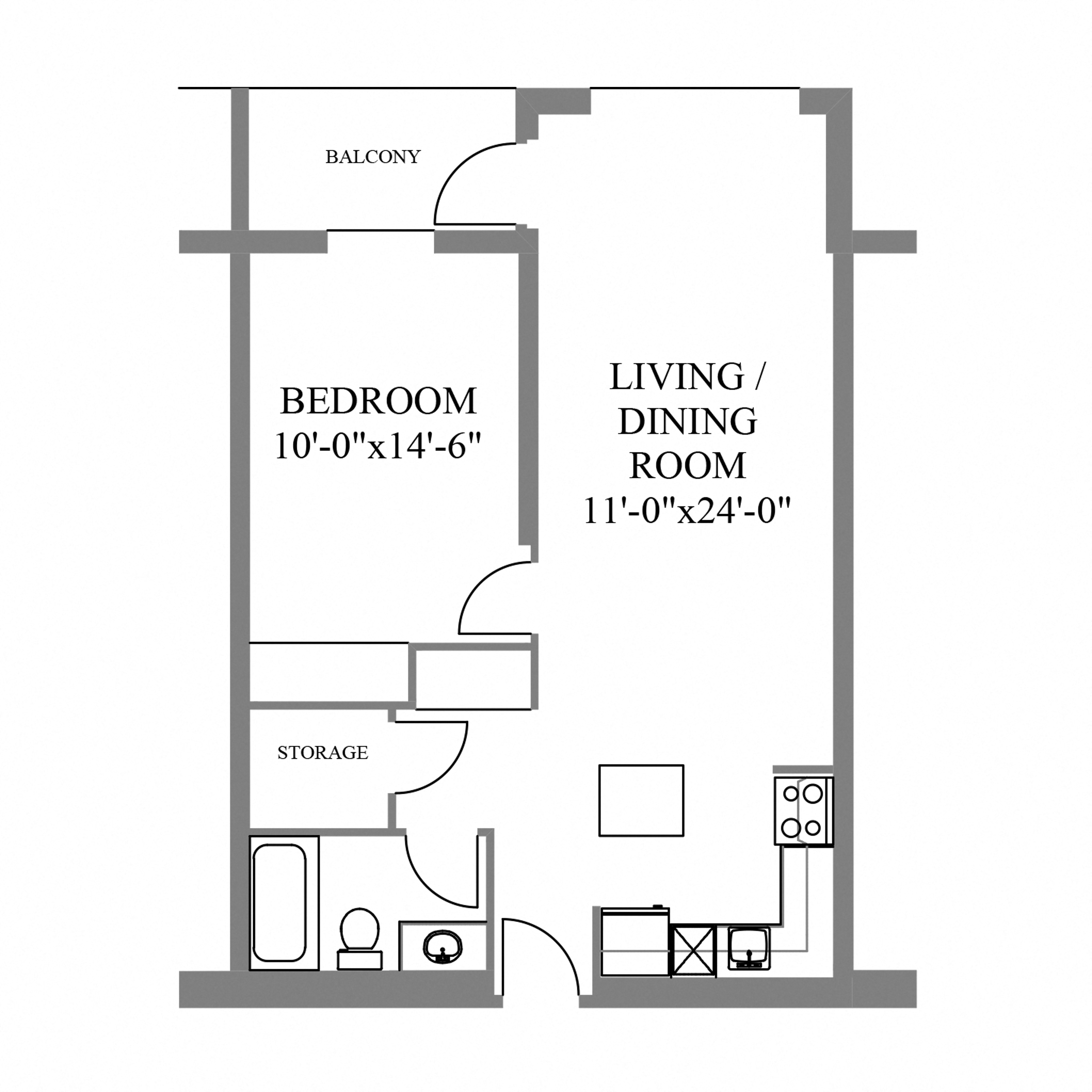 Floor plan for 1 bed, 1 bath, 770 sqft