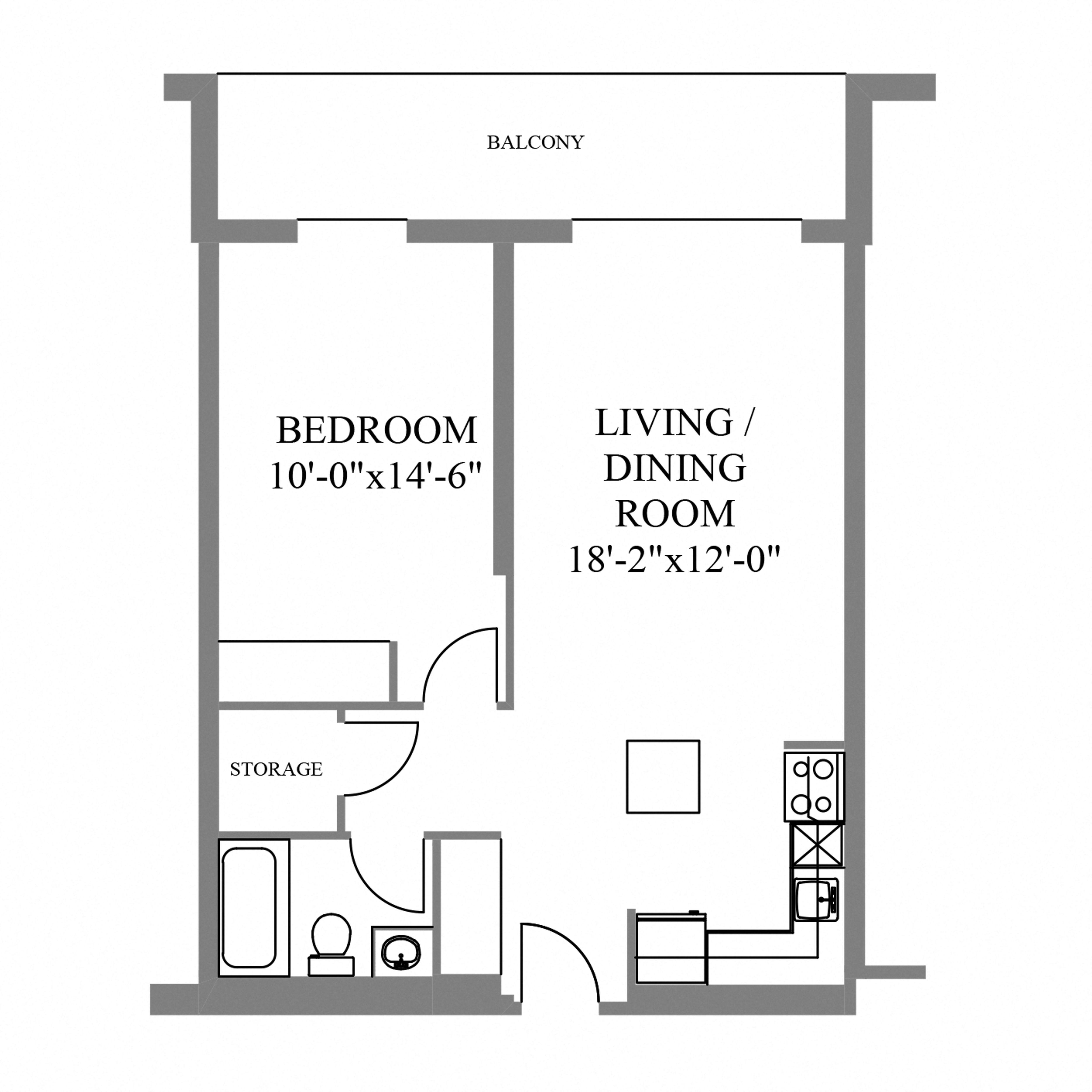 Floor plan for 1 bed, 1 bath, 800 sqft