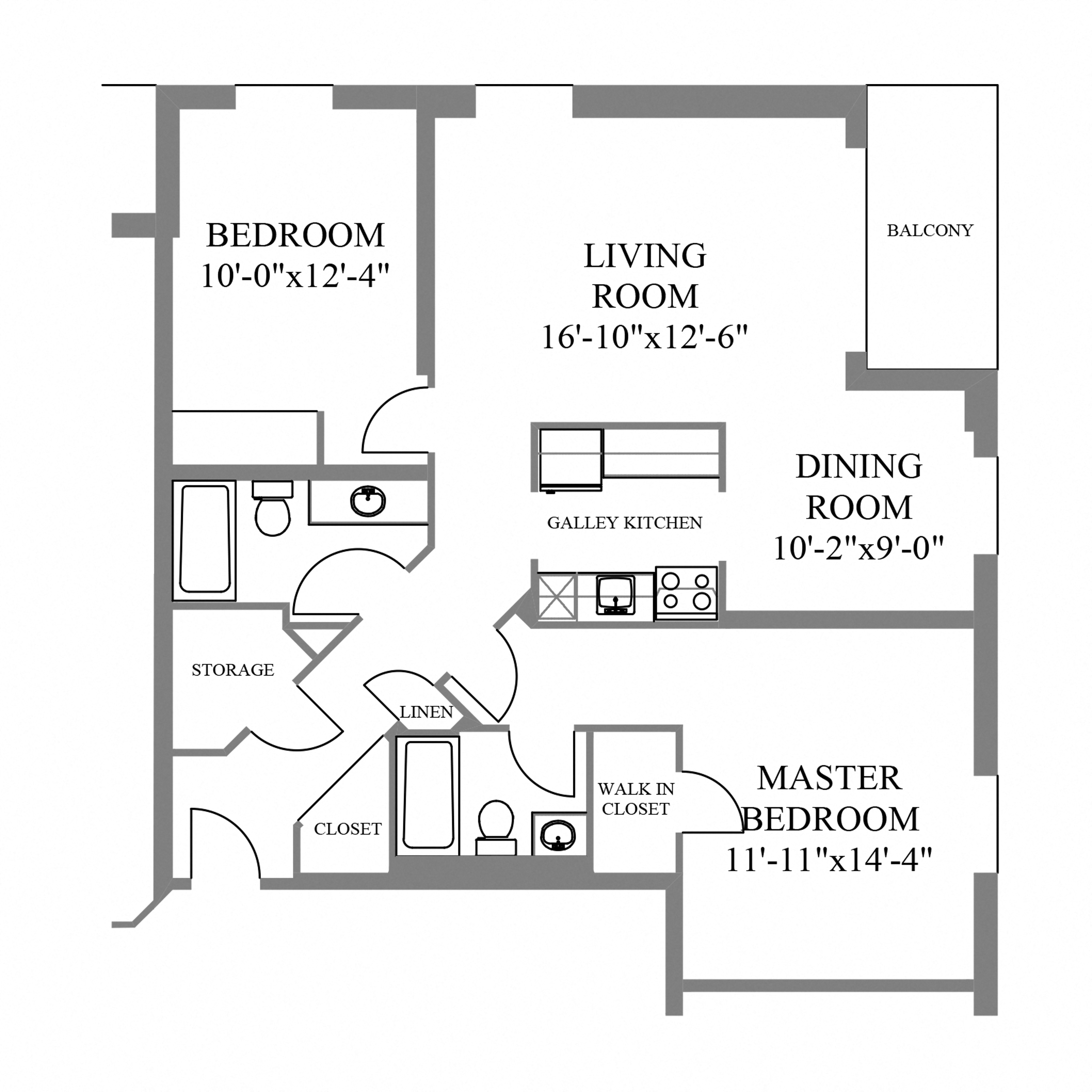 Floor plan for 2 beds, 2 baths, 1175 sqft