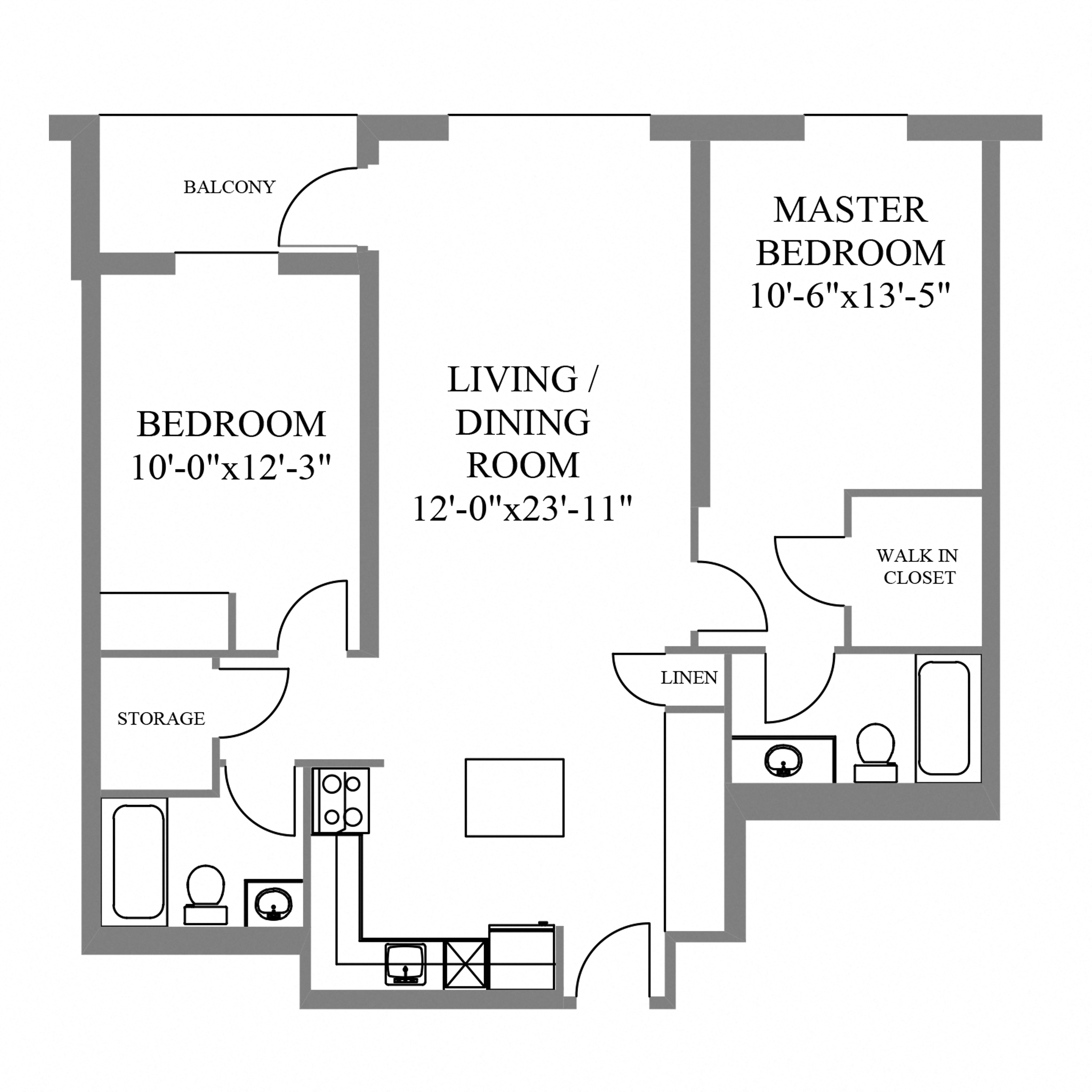 Floor plan for 2 beds, 2 baths, 1105 sqft