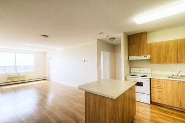 Kingston apartment for rent - A kitchen with wooden cabinets and a white countertop.