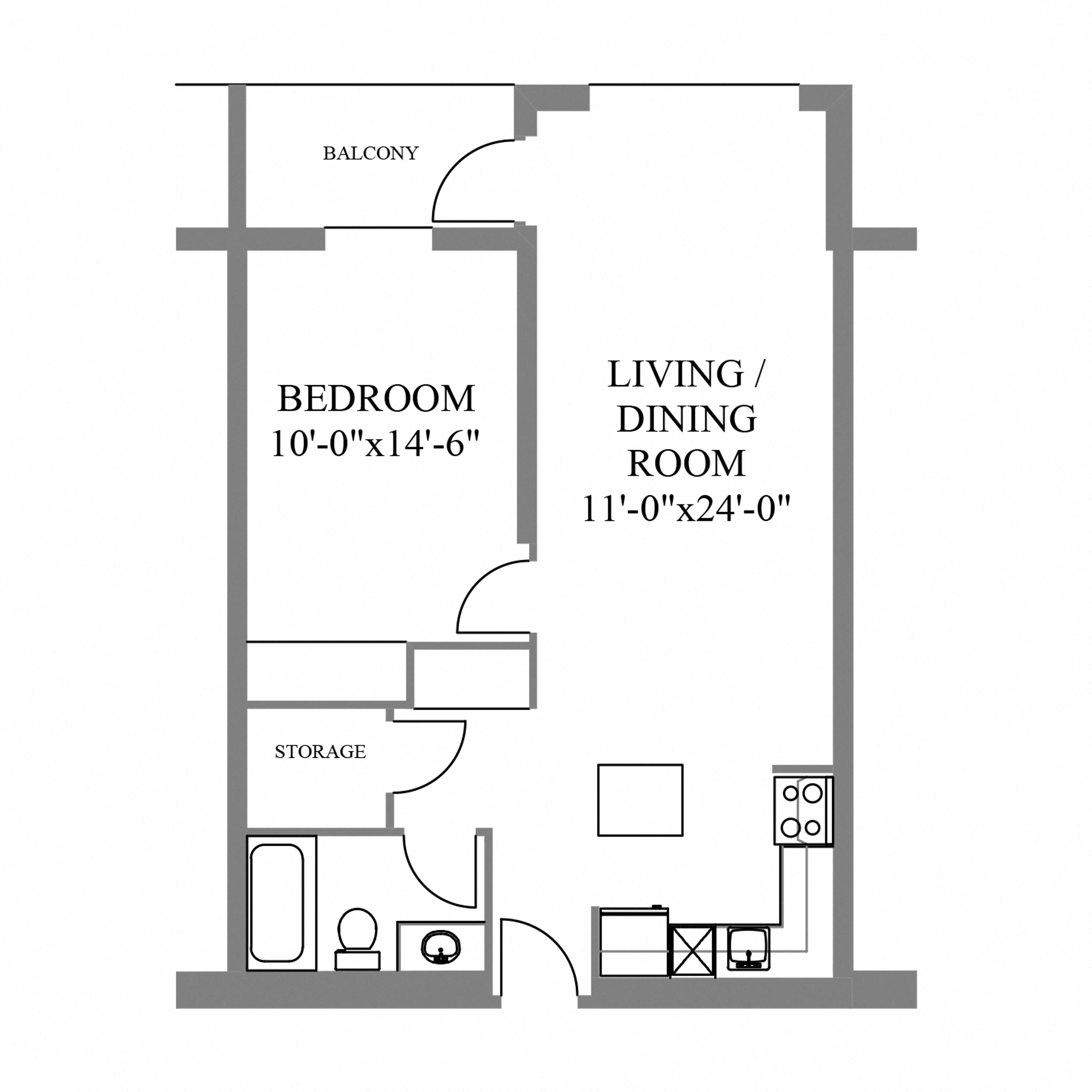Floor plan for 1 bed, 1 bath, 770 sqft