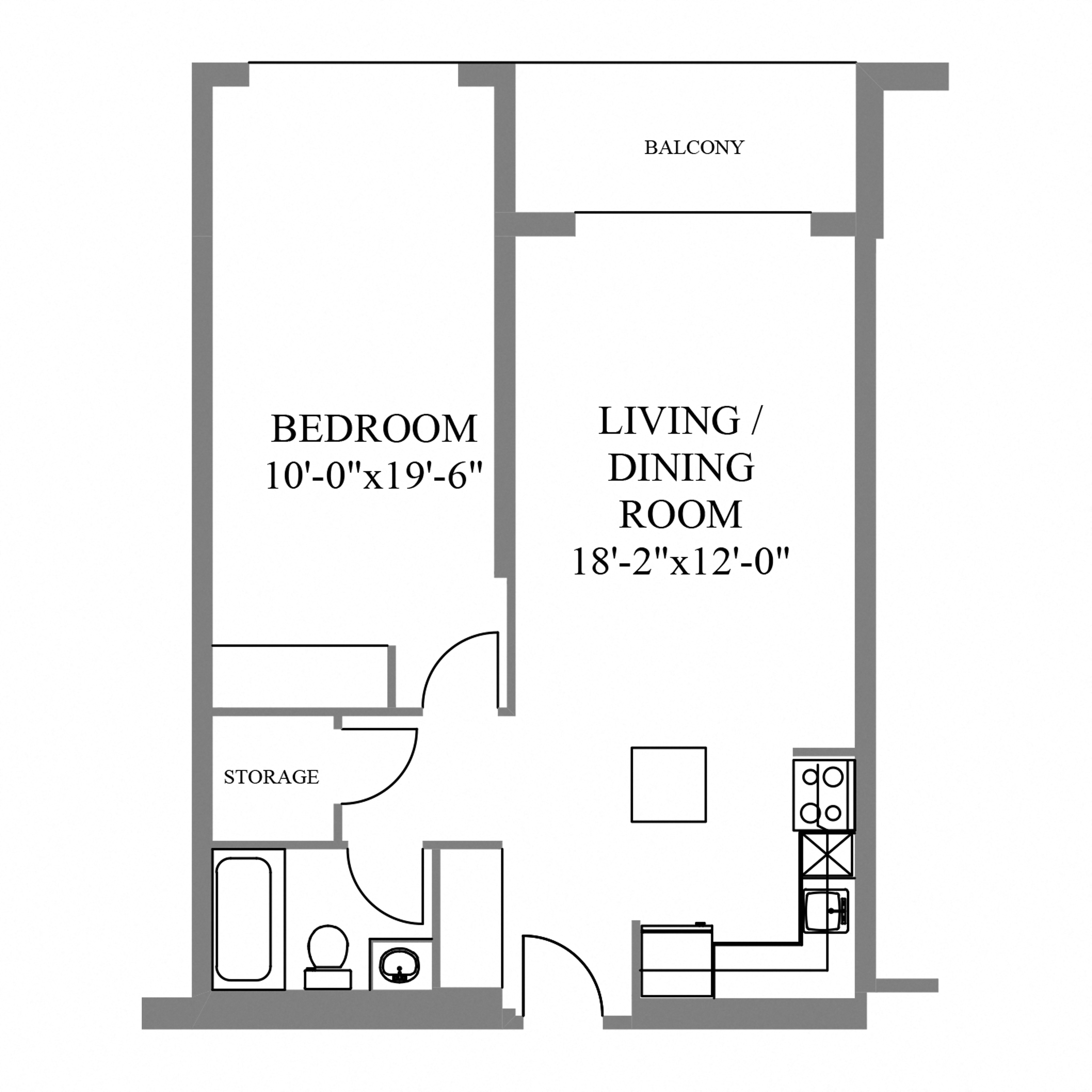 Floor plan for 1 bed, 1 bath, 800 sqft
