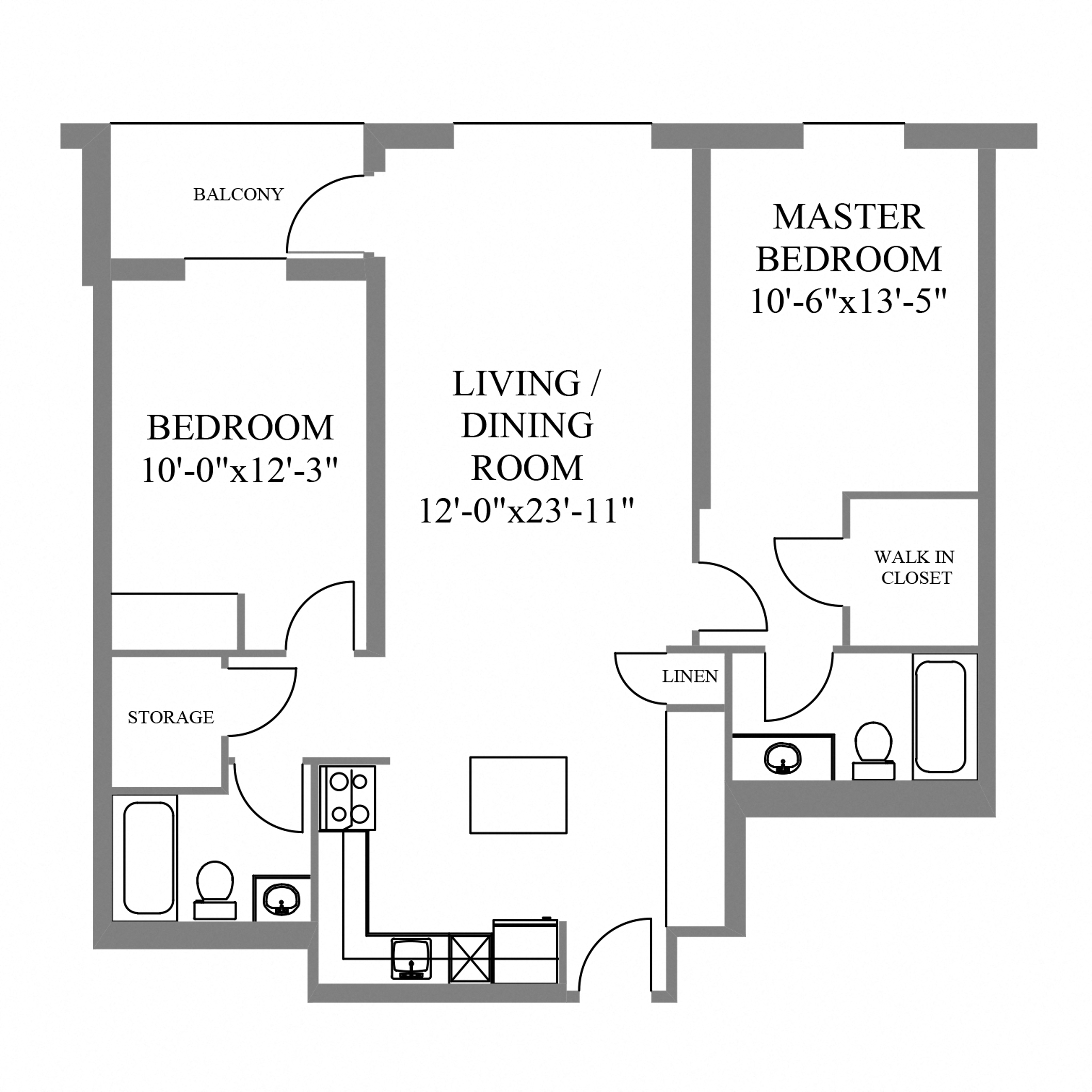 Floor plan for 2 beds, 2 baths, 1105 sqft