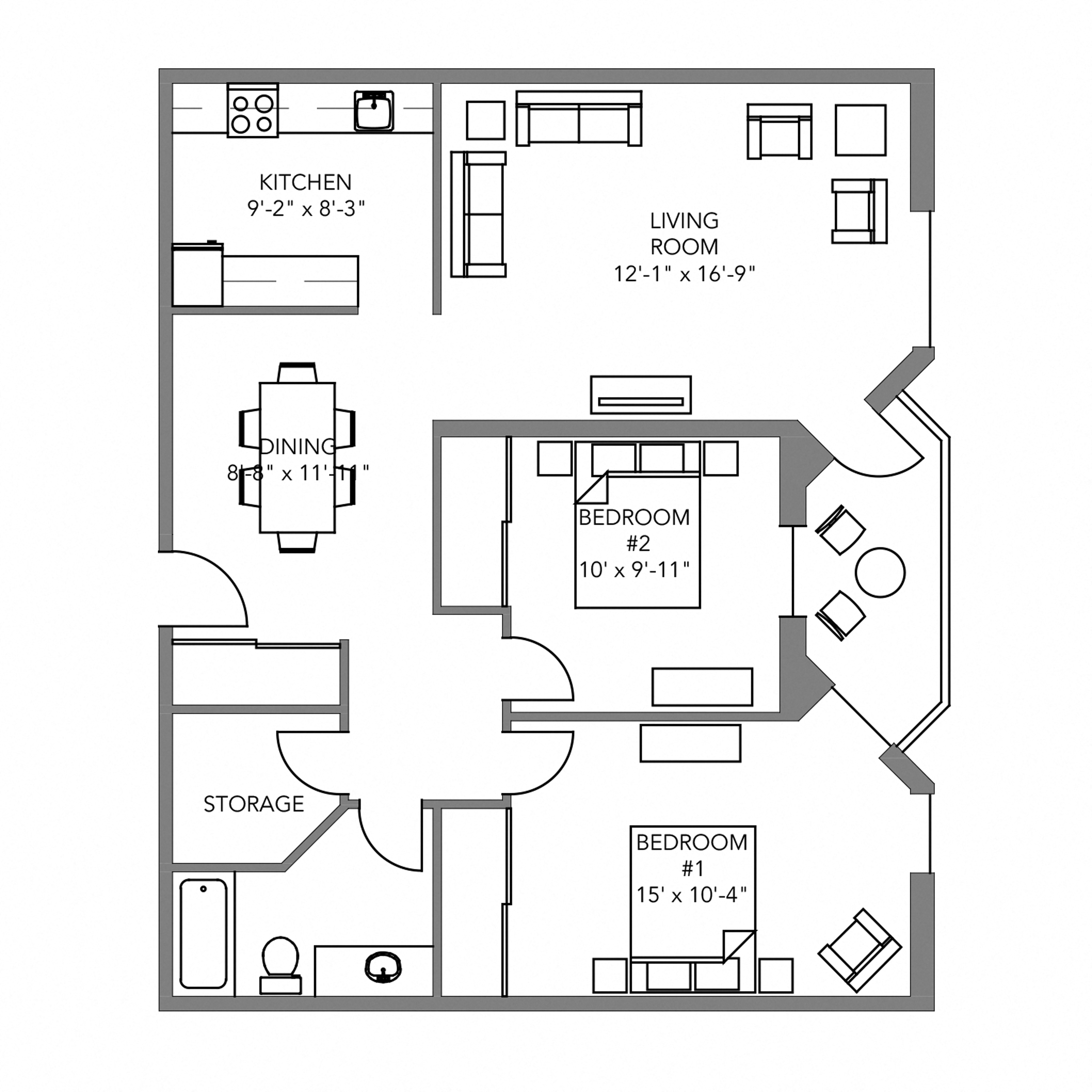 Floor plan for 2 beds, 1 bath, 850 sqft