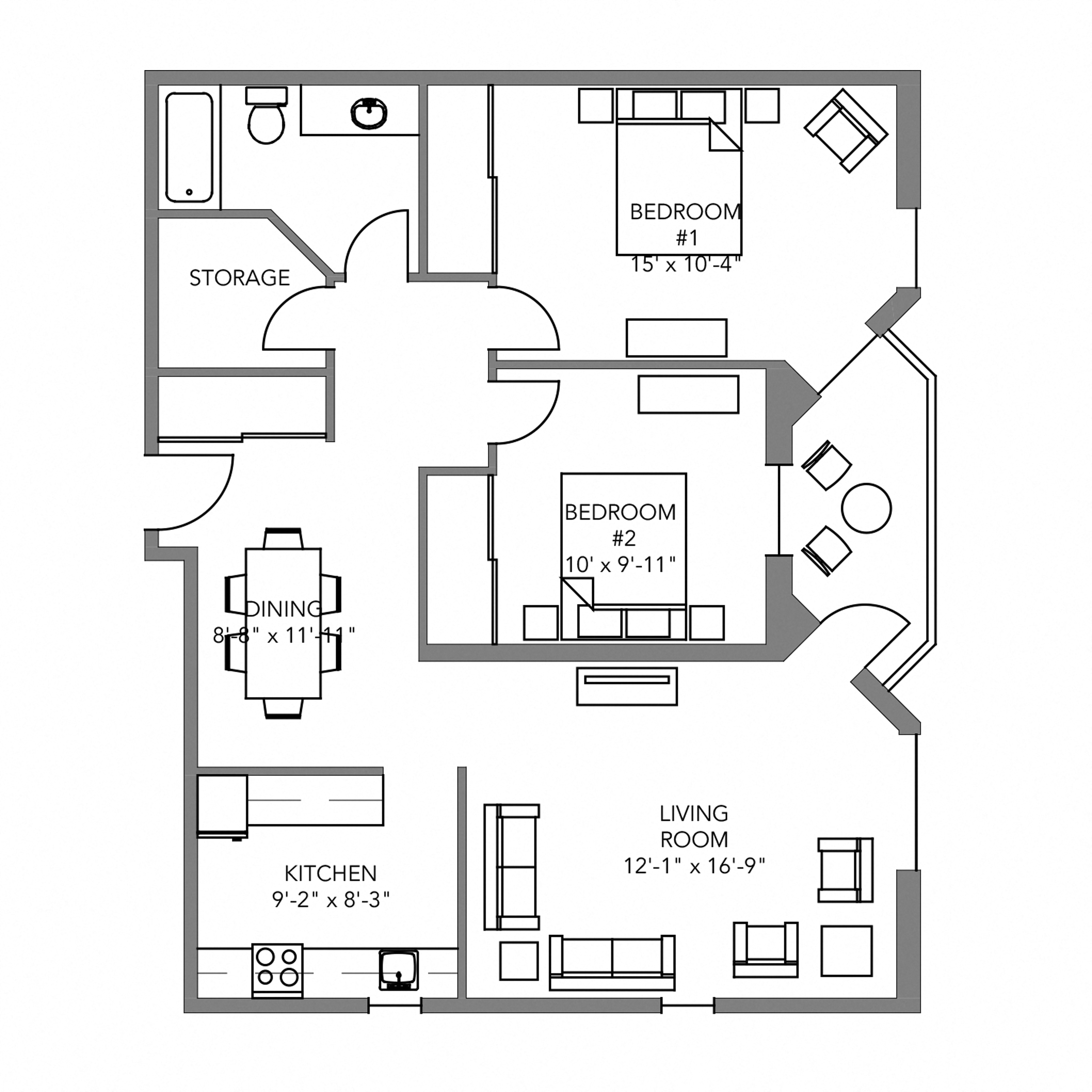 Floor plan for 2 beds, 1 bath