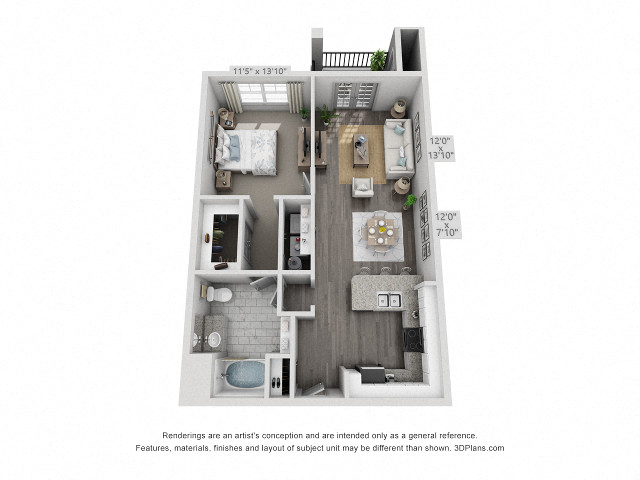Floor plan for 1 bed, 1 bath, 806 sqft