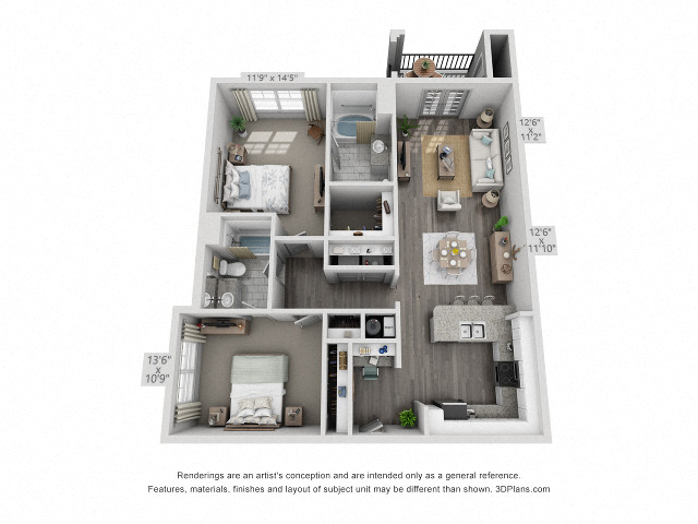 Floor plan for 2 beds, 2 baths, 1121 sqft
