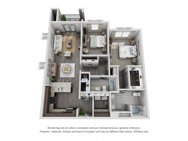 Floor plan for 2 beds, 2 baths, 1178 sqft
