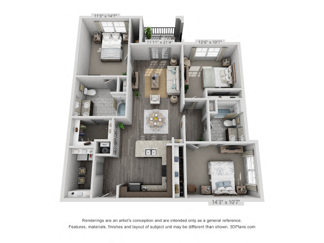 Floor plan for 3 beds, 2 baths, 1340 sqft