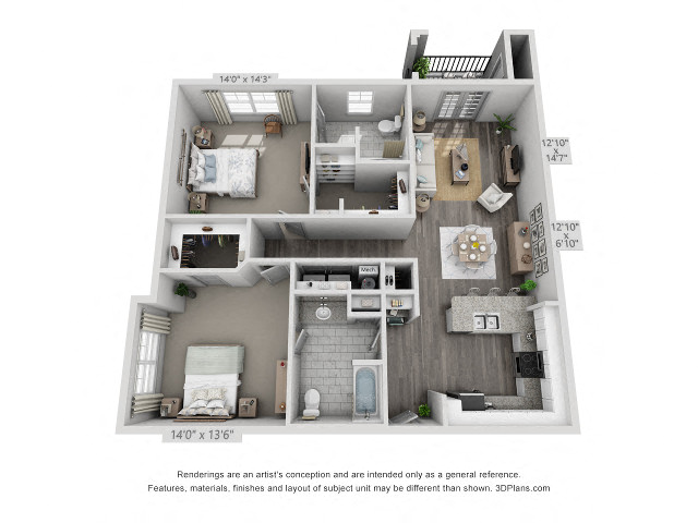Floor plan for 2 beds, 2 baths, 1270 sqft