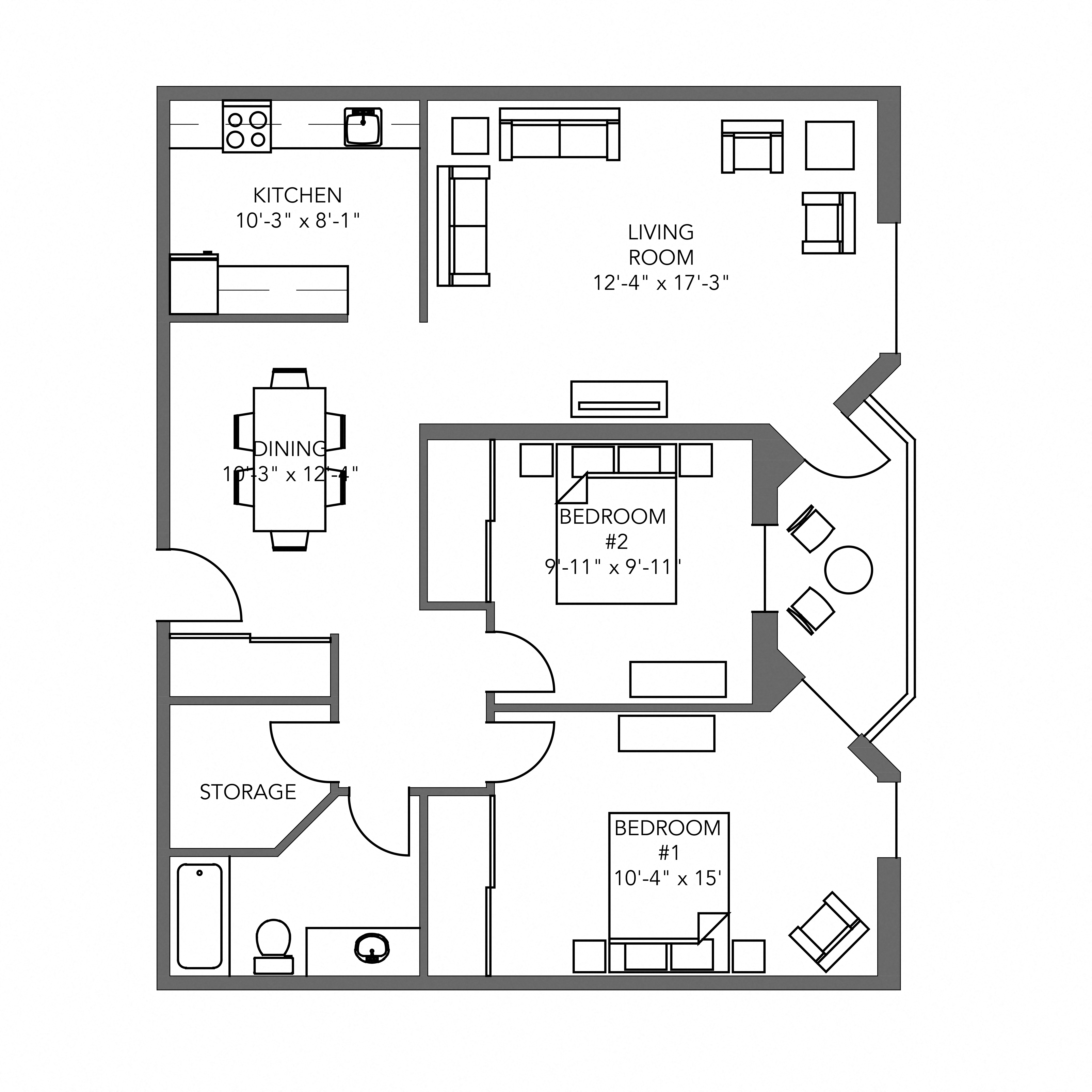 Floor plan for 2 beds, 1 bath, 850 sqft