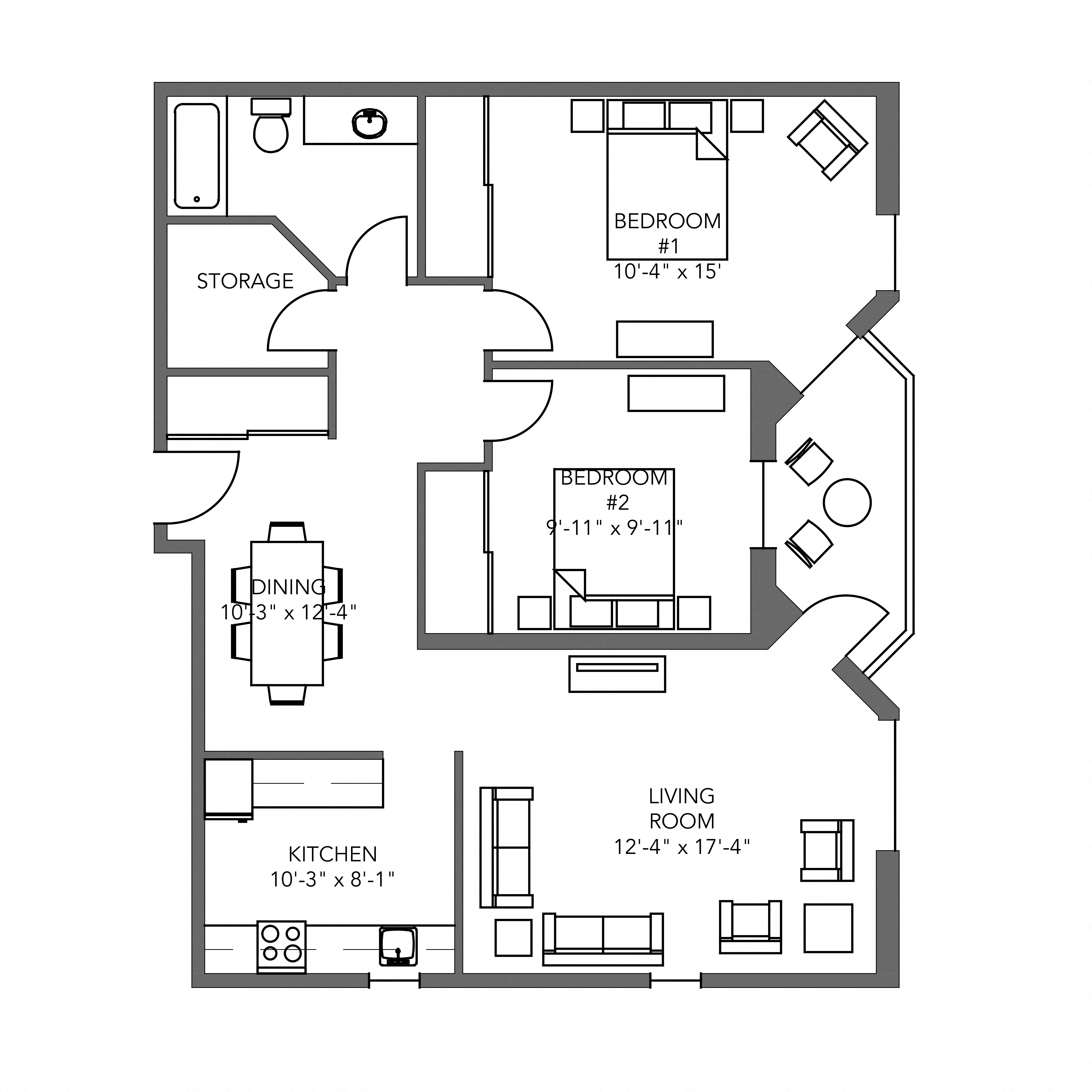 Floor plan for 2 beds, 1 bath, 850 sqft