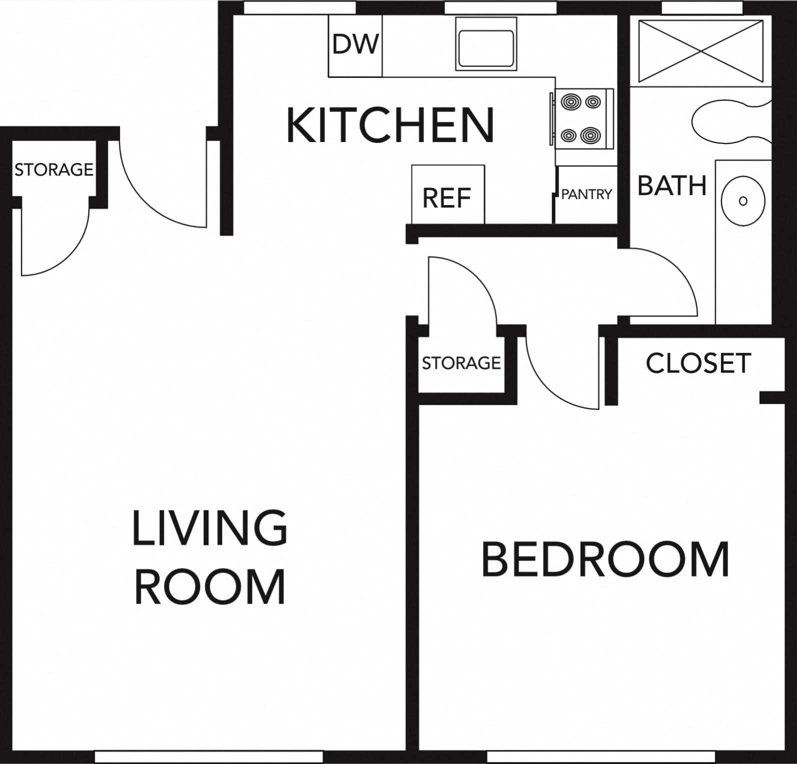 Floor plan for 1 bed, 1 bath, 650 sqft