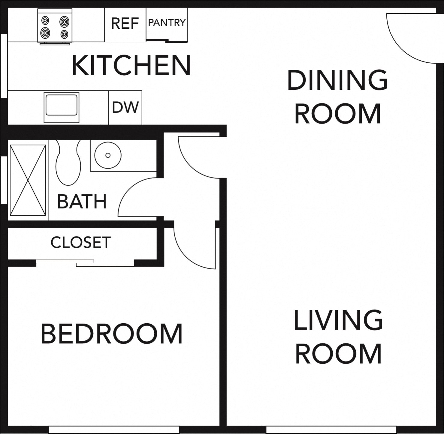 Floor plan for 1 bed, 1 bath, 650 sqft