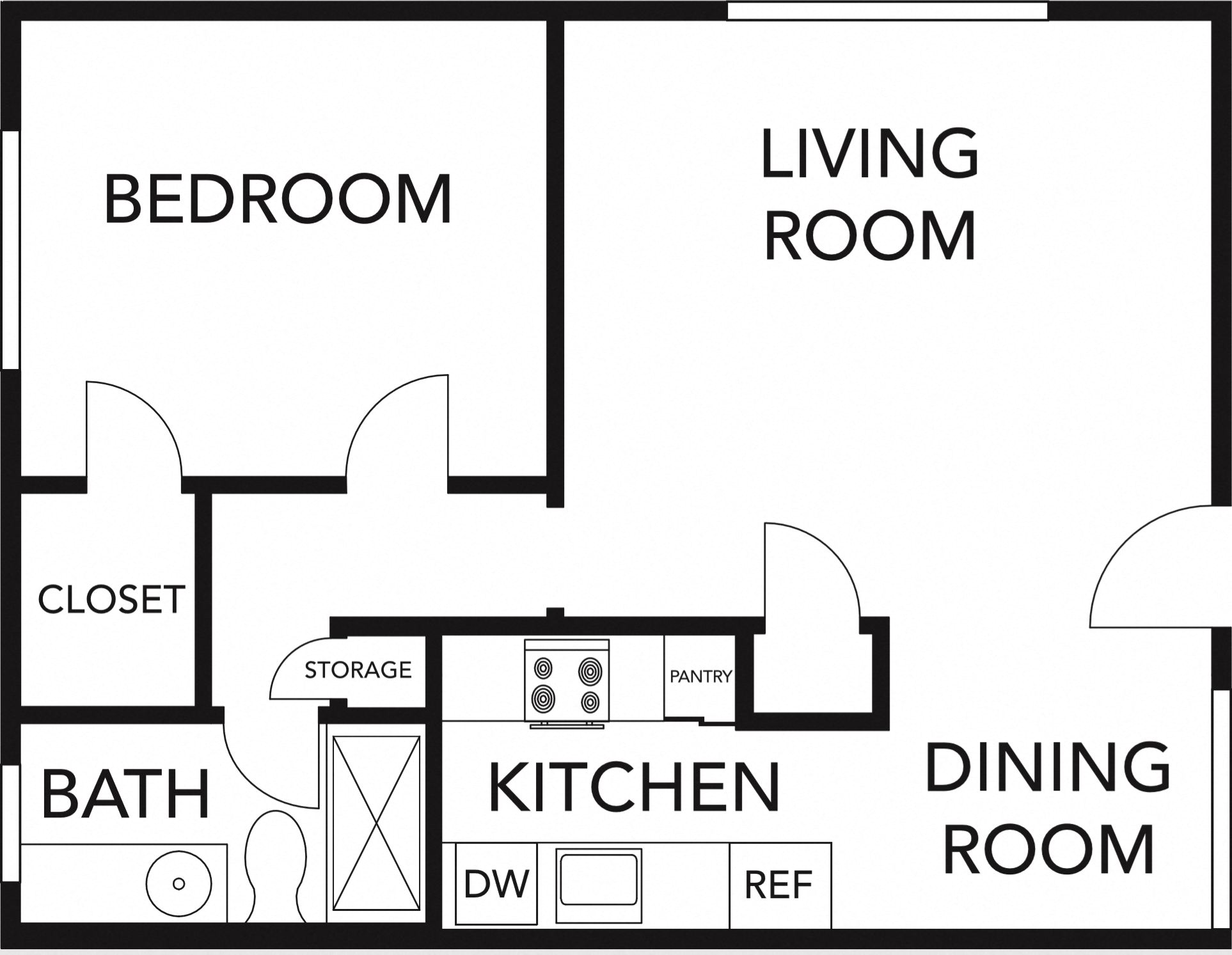 Floor plan for 1 bed, 1 bath, 650 sqft
