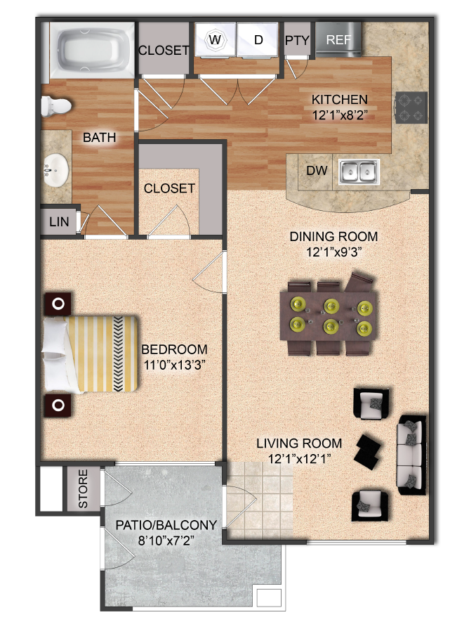 Floor plan for 1 bed, 1 bath, 707 sqft