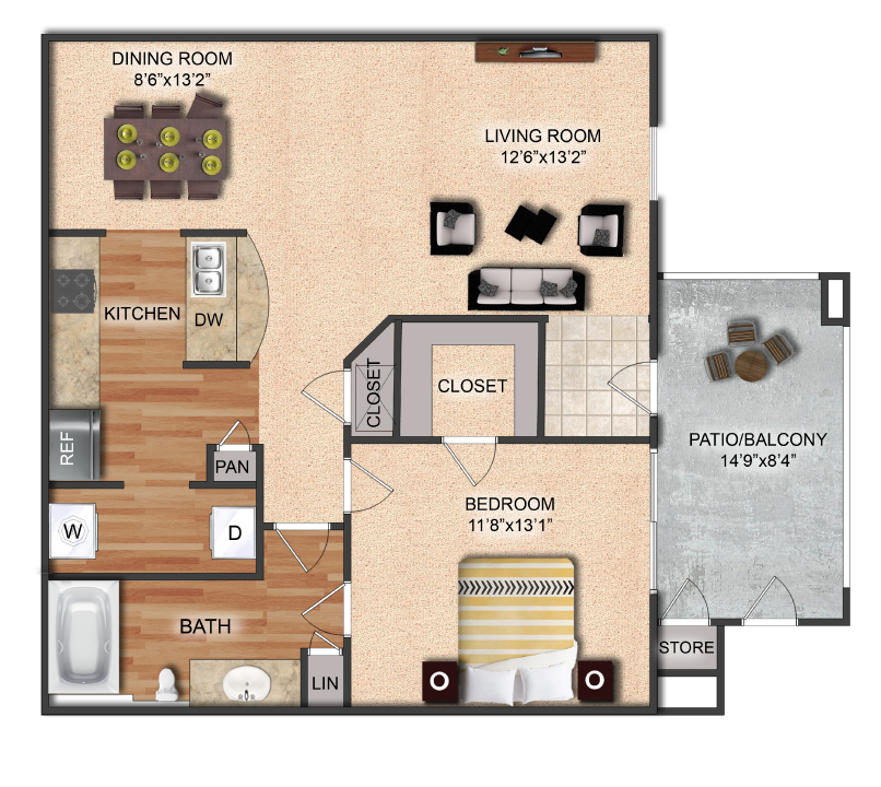 Floor plan for 1 bed, 1 bath, 810 sqft