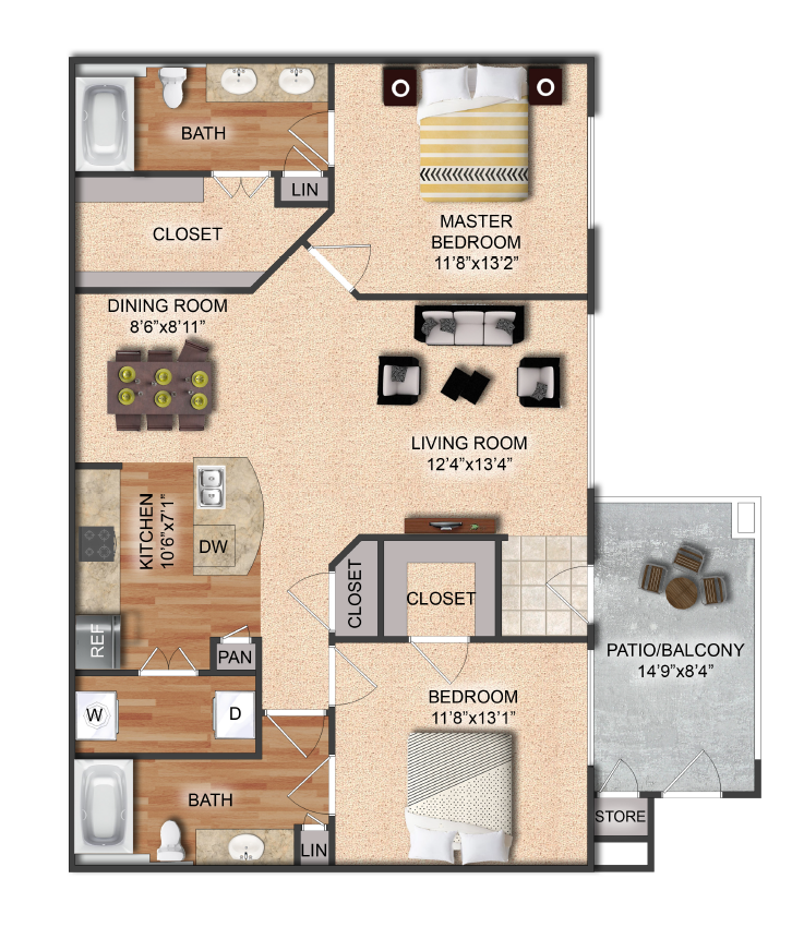 Floor plan for 2 beds, 2 baths, 1134 sqft