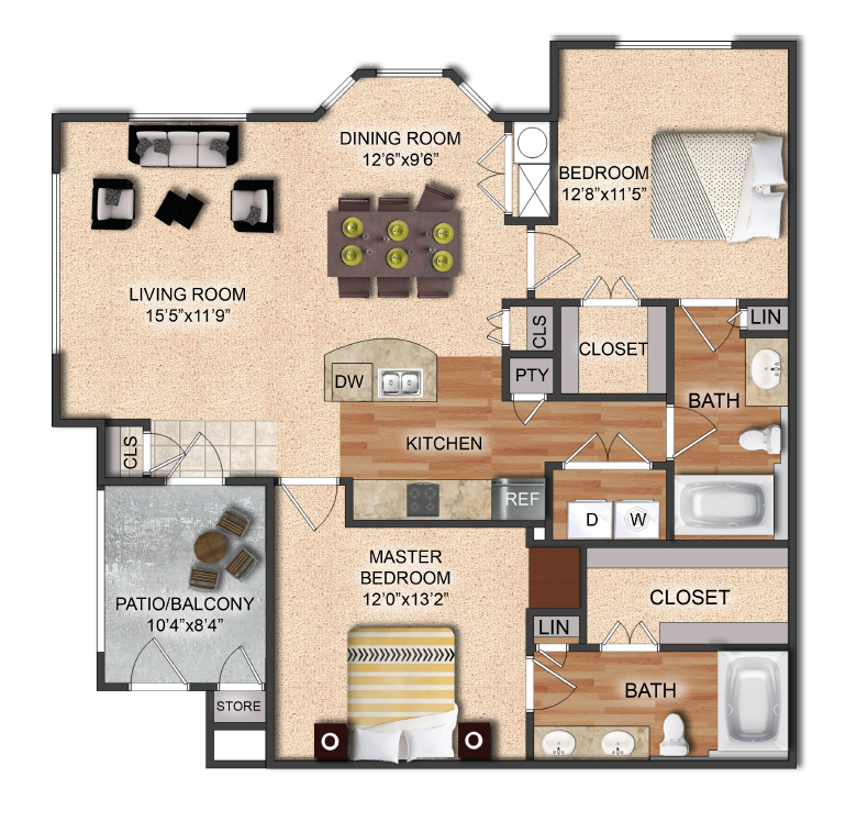 Floor plan for 2 beds, 2 baths, 1168 sqft