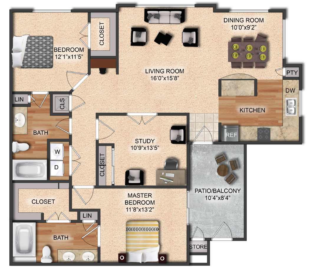Floor plan for 3 beds, 2 baths, 1378 sqft