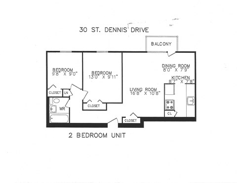 Floor plan for 2 beds, 1 bath, 765 sqft