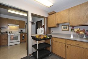 Maple Plain apartment for rent - a kitchen with wooden cabinets and a counter with a black cart