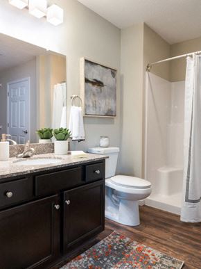 Concord apartment for rent - A bathroom with a toilet, sink, and shower.