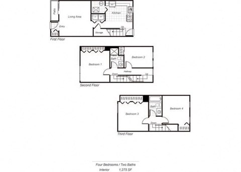 Floor plan for 4 beds, 2 baths, 1275 sqft