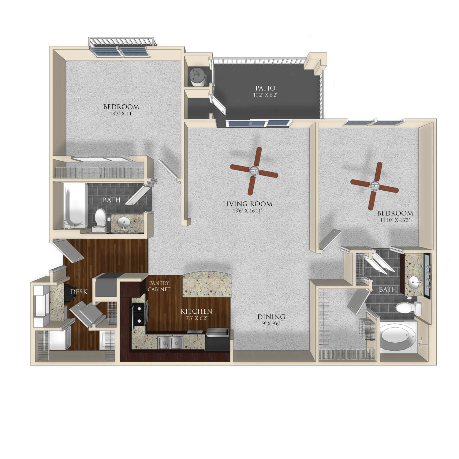 Floor plan for 2 beds, 2 baths, 1141 sqft