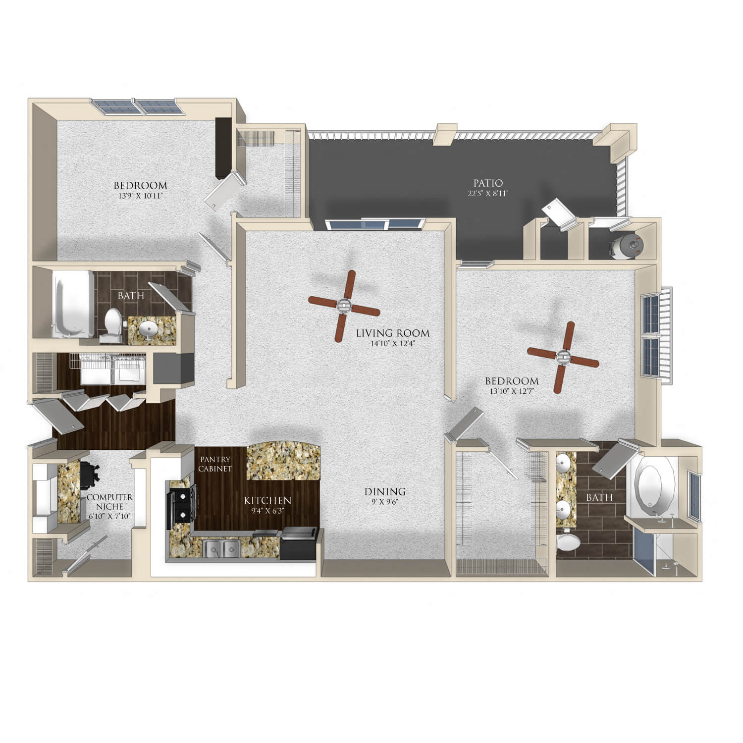 Floor plan for 2 beds, 2 baths, 1236 sqft