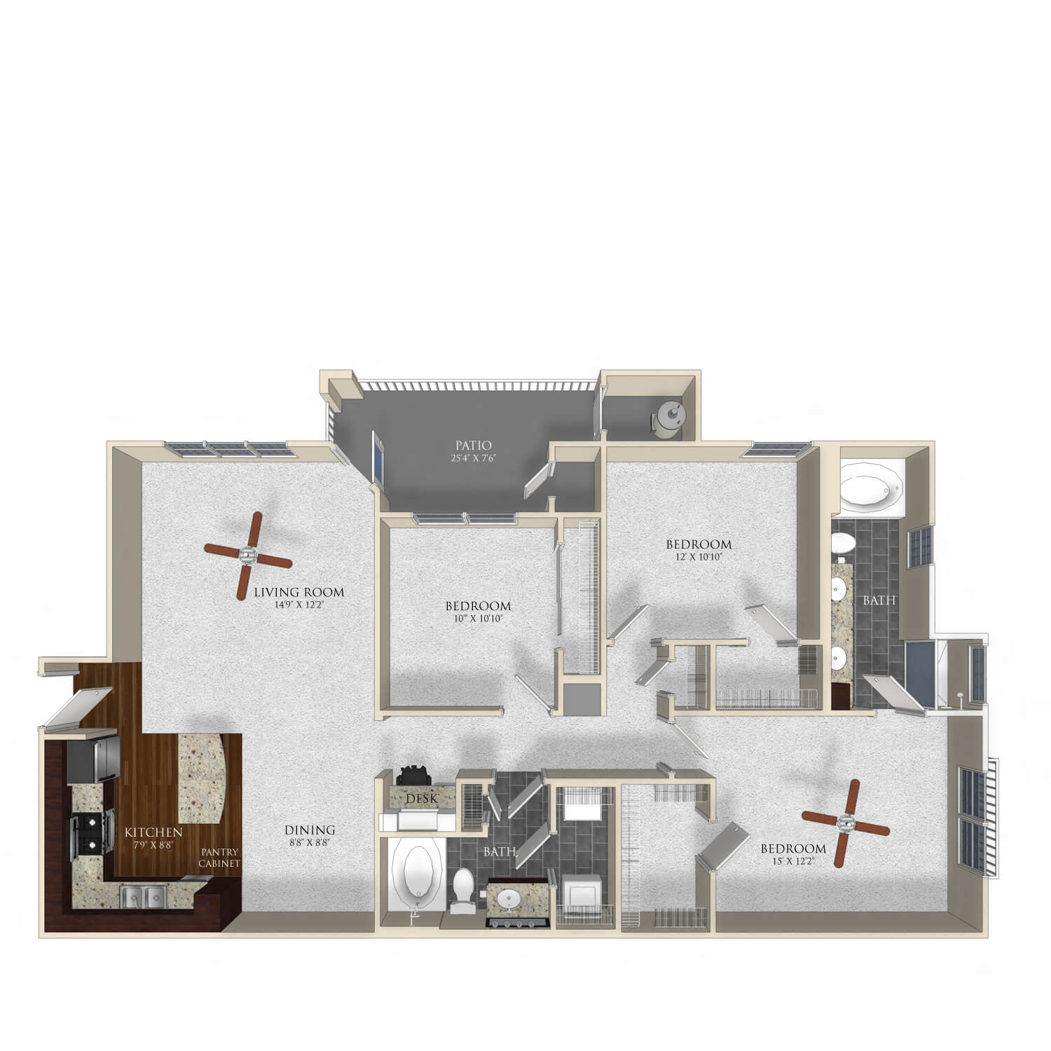 Floor plan for 3 beds, 2 baths, 1375 sqft