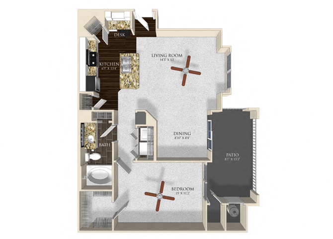 Floor plan for 1 bed, 1 bath, 808 sqft