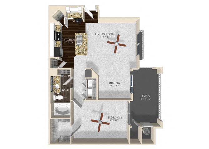 Floor plan for 1 bed, 1 bath, 797 sqft