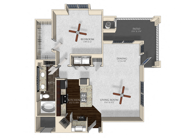 Floor plan for 1 bed, 1 bath, 881 sqft