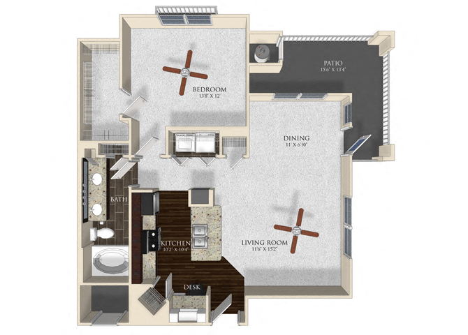Floor plan for 1 bed, 1 bath, 871 sqft