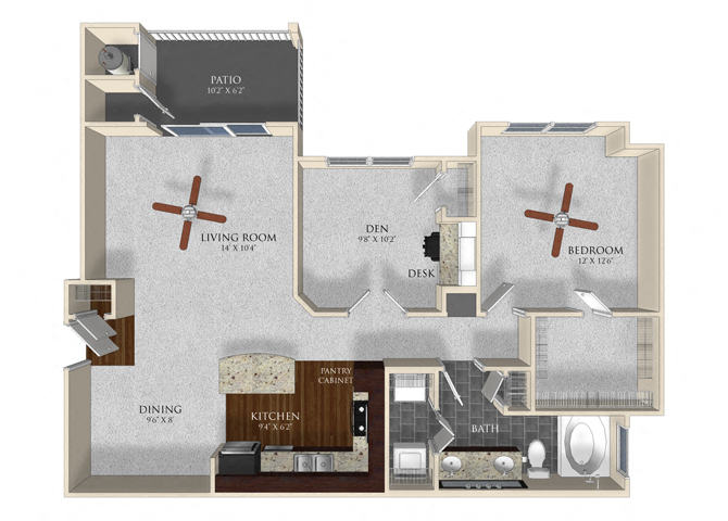 Floor plan for 1 bed, 1 bath, 971 sqft
